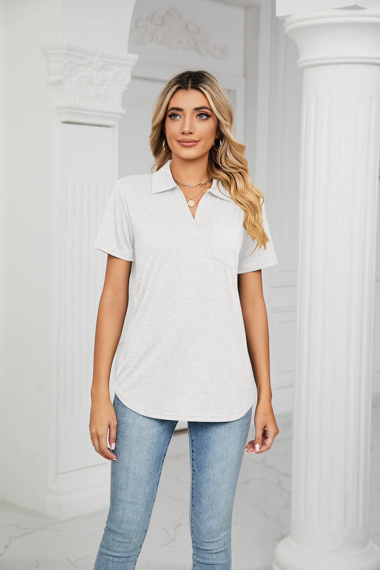 Relaxed Collared Short Sleeve Cotton T-shirt with Pocket Detail for Women    