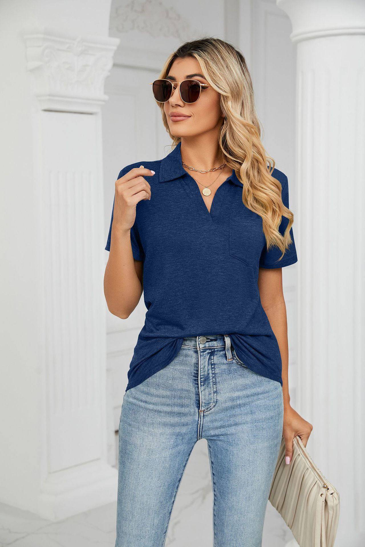 Relaxed Collared Short Sleeve Cotton T-shirt with Pocket Detail for Women    