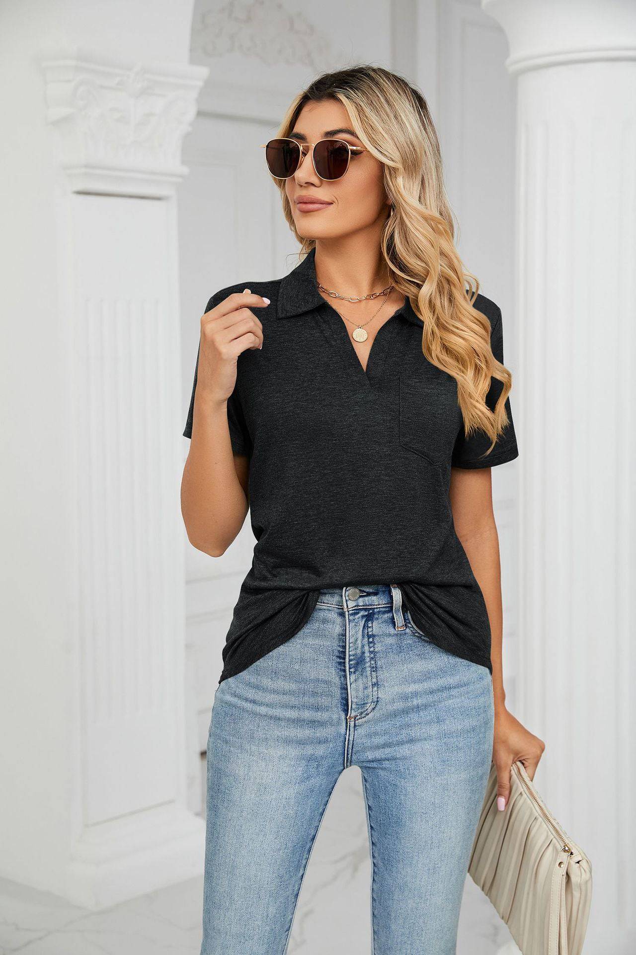 Relaxed Collared Short Sleeve Cotton T-shirt with Pocket Detail for Women    