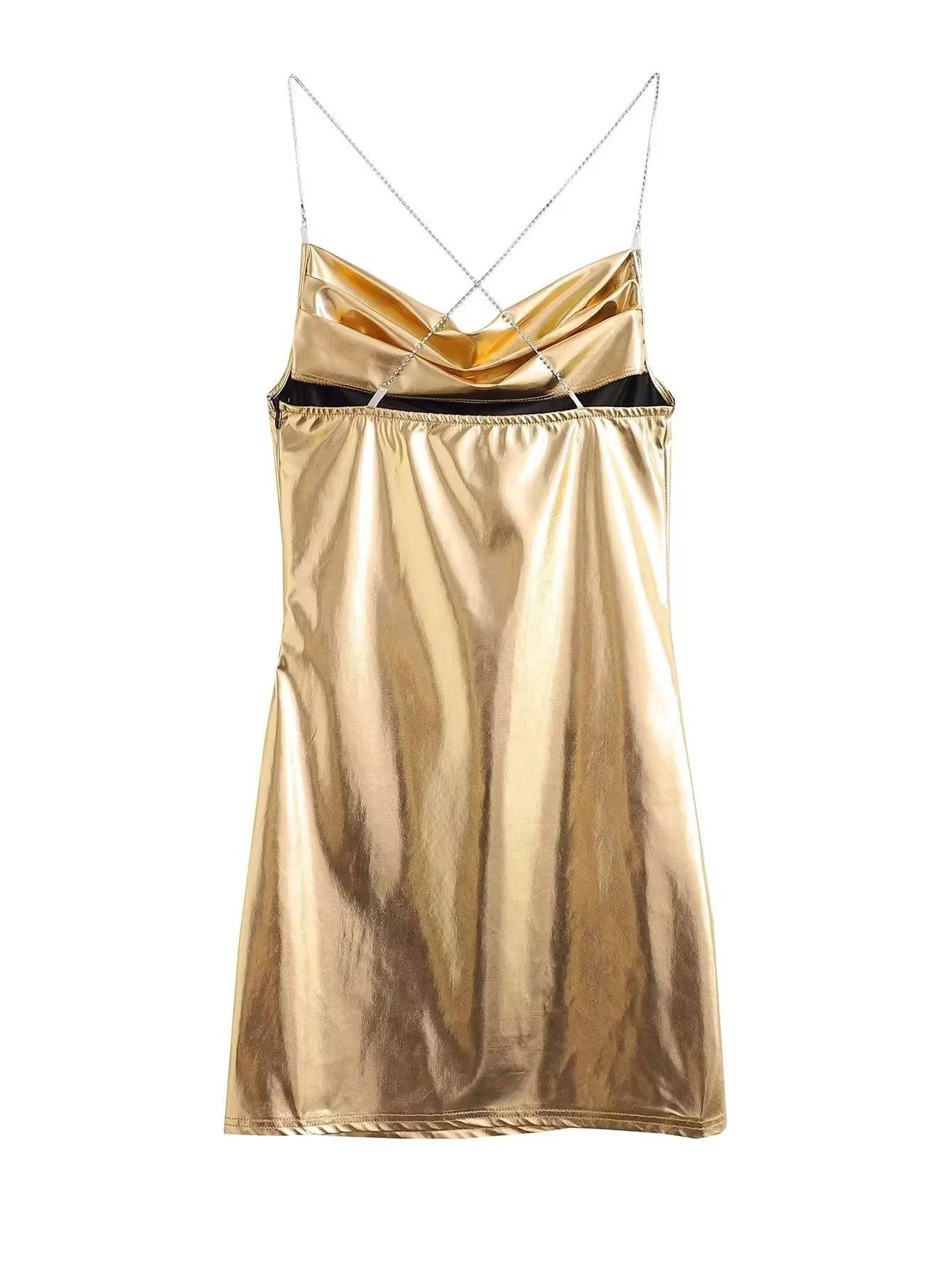 Shimmering Metallic Coated Faux Leather Suspender Slip Dress    