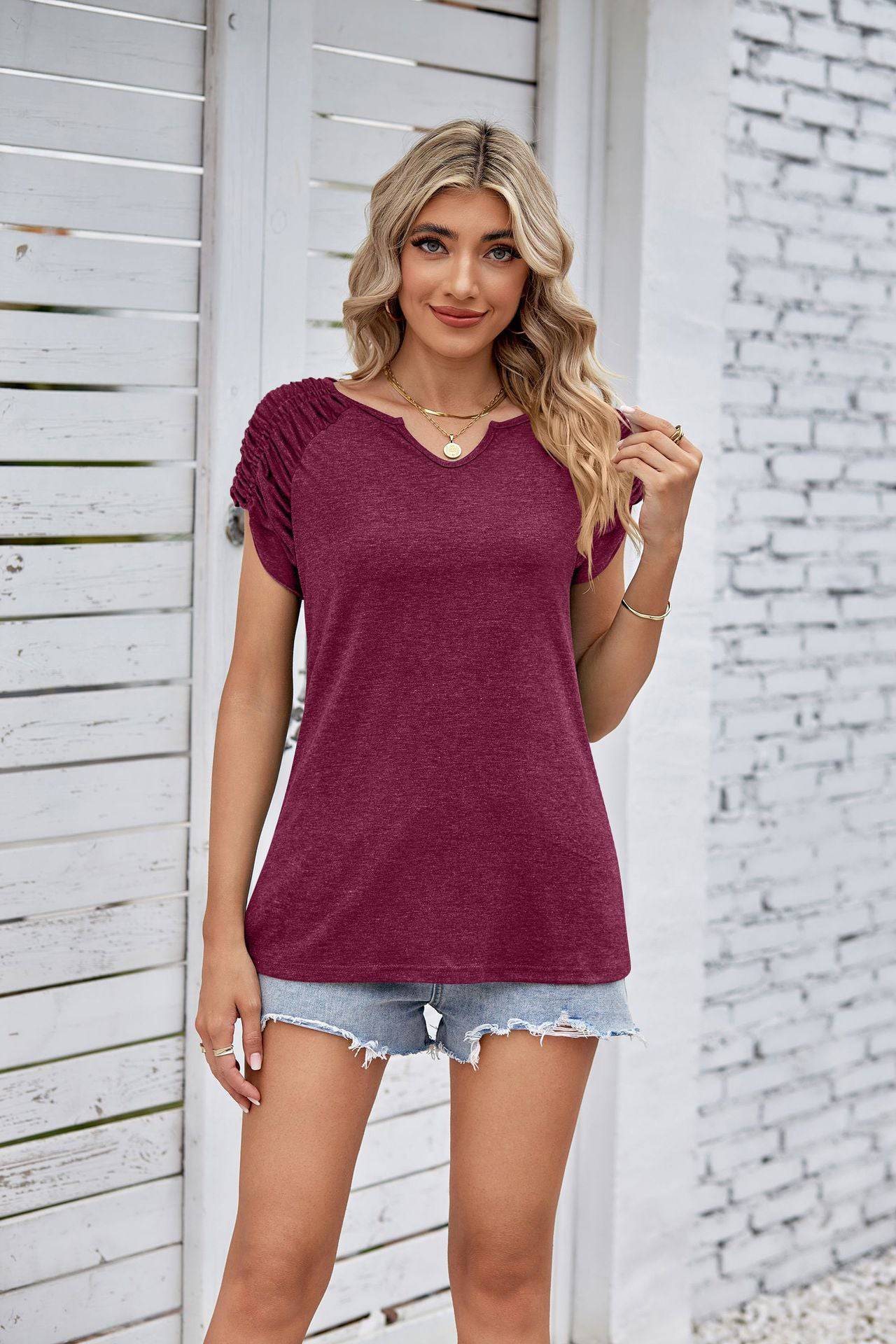 Pleated Summer T-Shirt with Short Raglan Sleeves    