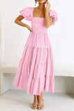 Square Neckline Backless Puff Sleeve Summer Maxi Dress    