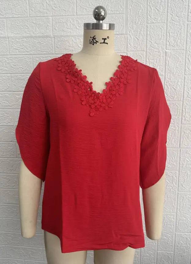 Lace V-Neck Flared Sleeves Loose Shirt Women's Top    