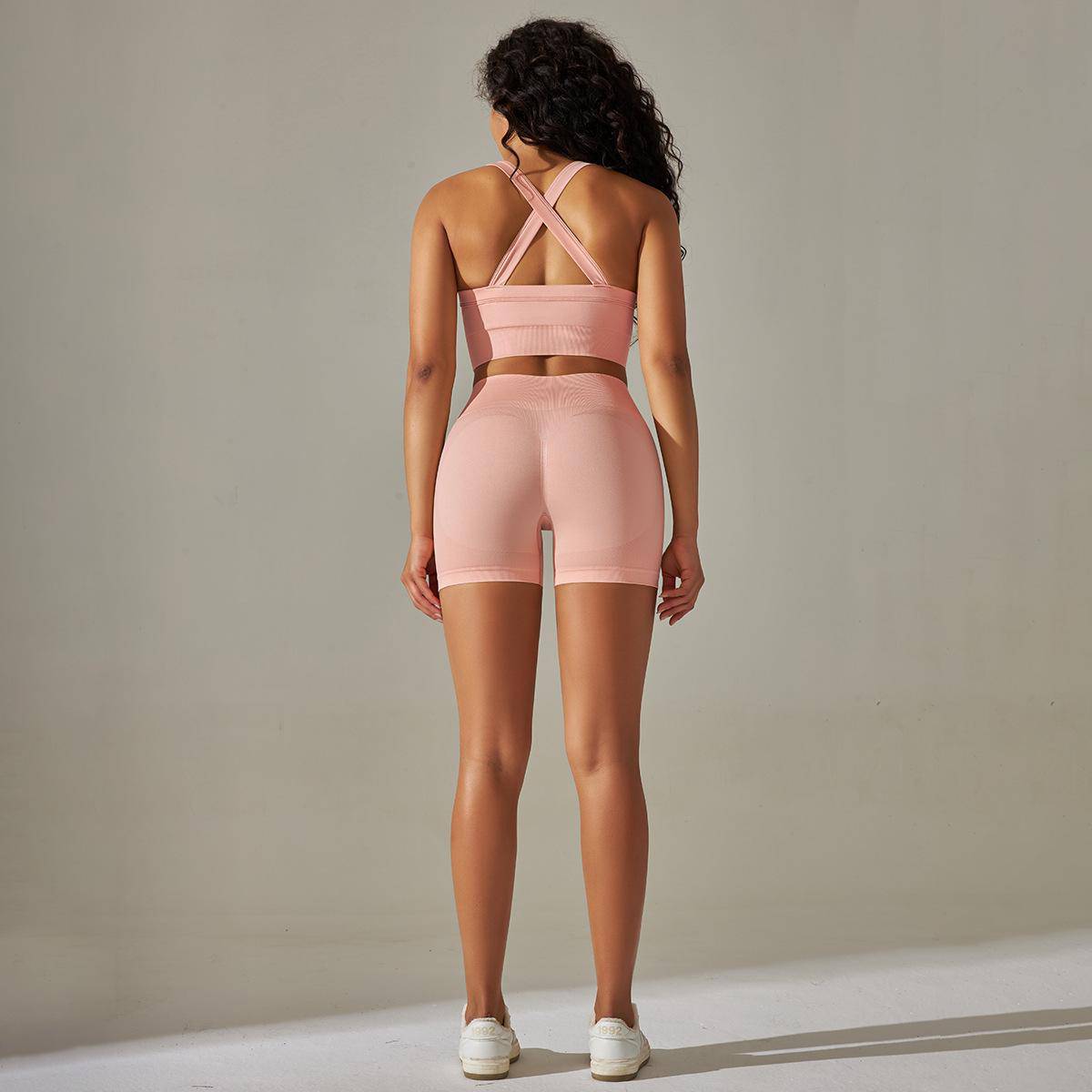 Knitted Cross Back Bra Vest High Waist Peach Hip Tights Sports Yoga Suit Women    