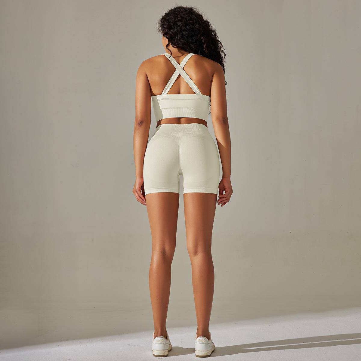 Knitted Cross Back Bra Vest High Waist Peach Hip Tights Sports Yoga Suit Women    