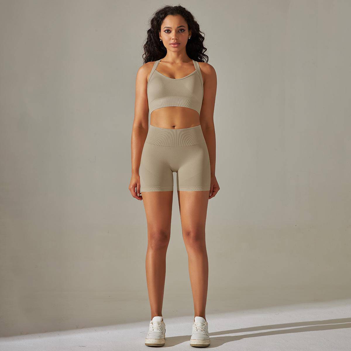 Knitted Cross Back Bra Vest High Waist Peach Hip Tights Sports Yoga Suit Women    