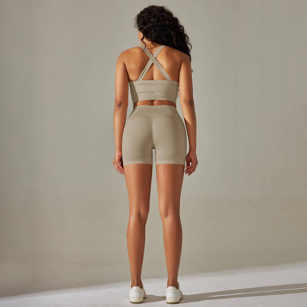 Knitted Cross Back Bra Vest High Waist Peach Hip Tights Sports Yoga Suit Women    