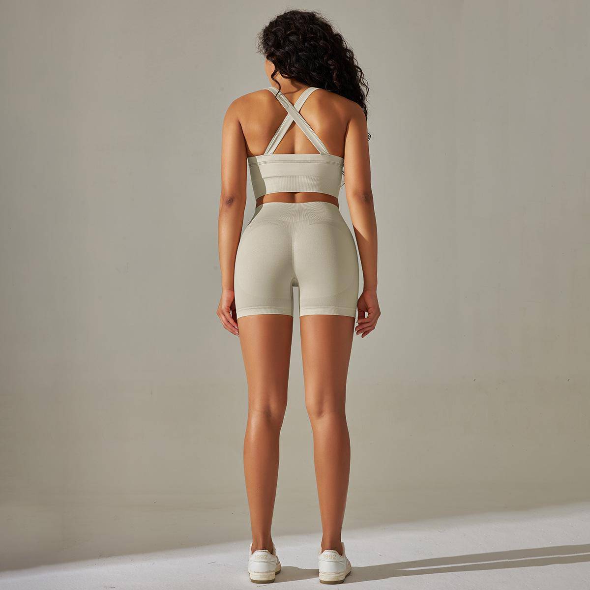 Knitted Cross Back Bra Vest High Waist Peach Hip Tights Sports Yoga Suit Women    