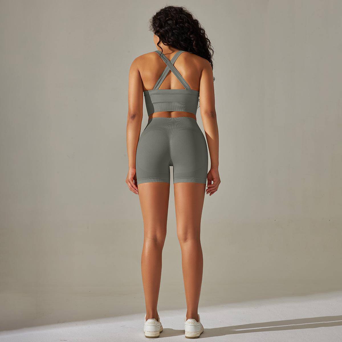 Knitted Cross Back Bra Vest High Waist Peach Hip Tights Sports Yoga Suit Women    