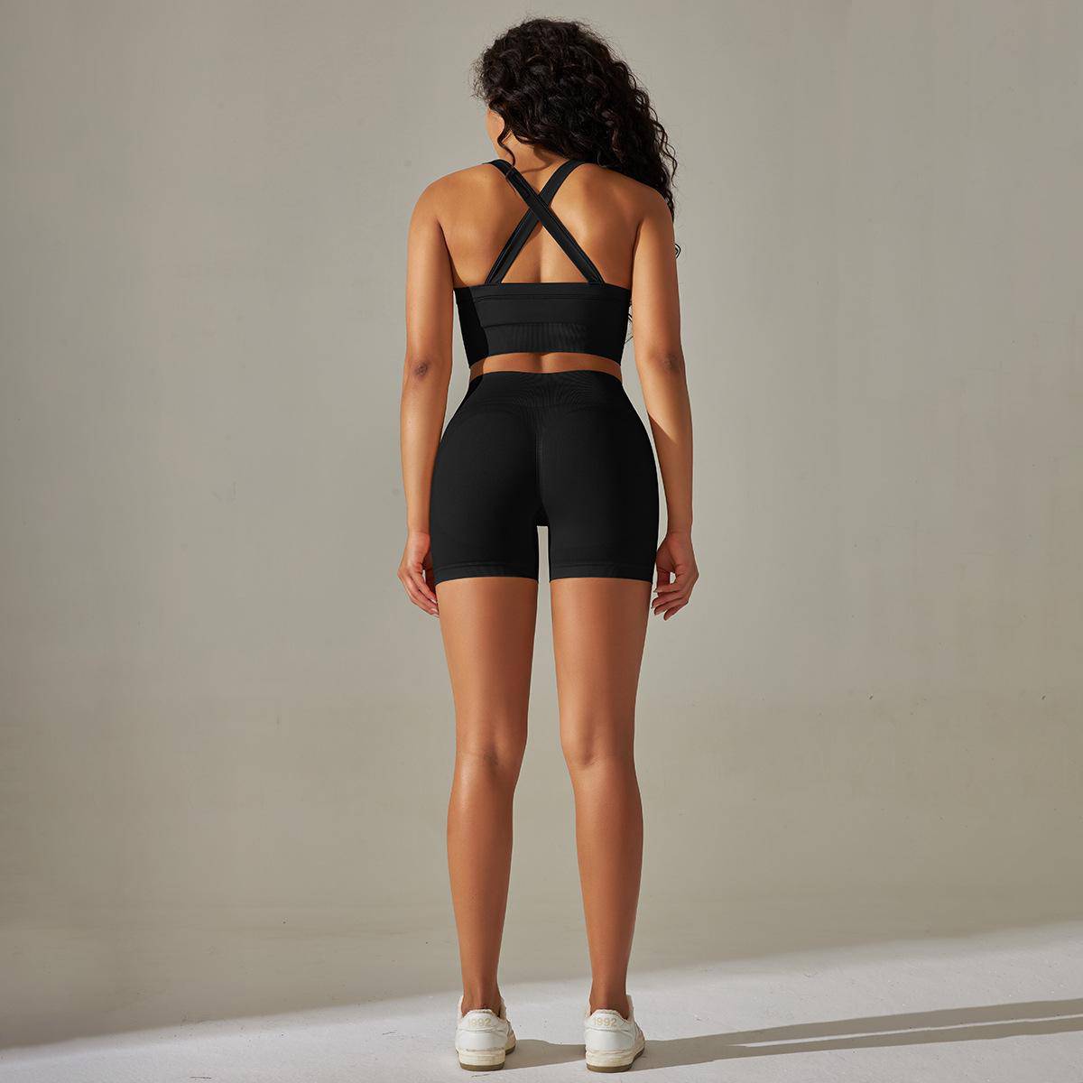 Knitted Cross Back Bra Vest High Waist Peach Hip Tights Sports Yoga Suit Women    