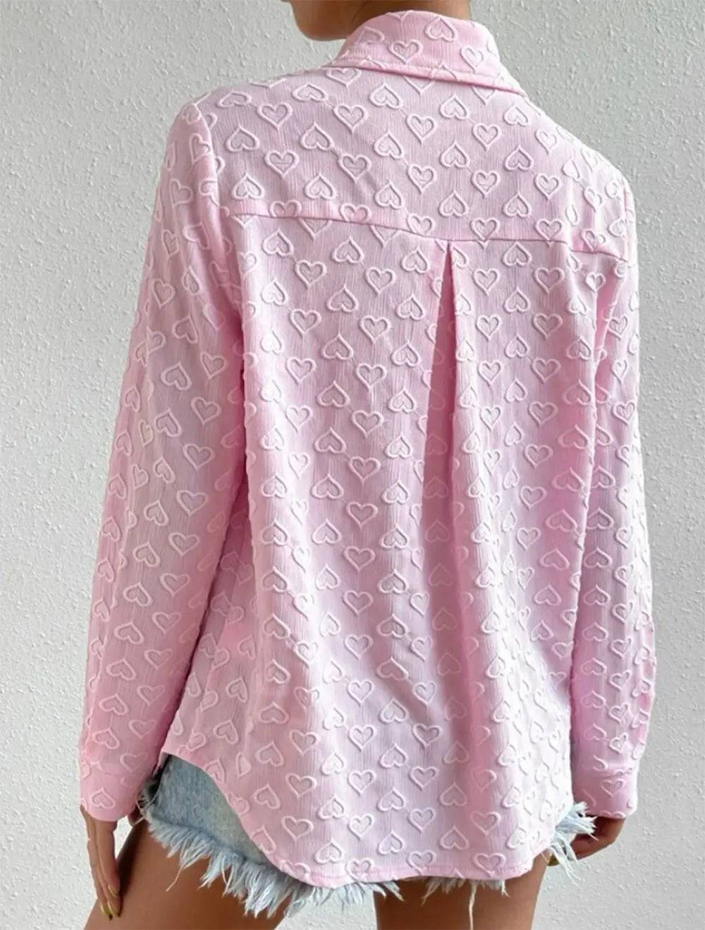 Versatile Heart Jacquard Long Sleeve Collared Shirt Cardigan    