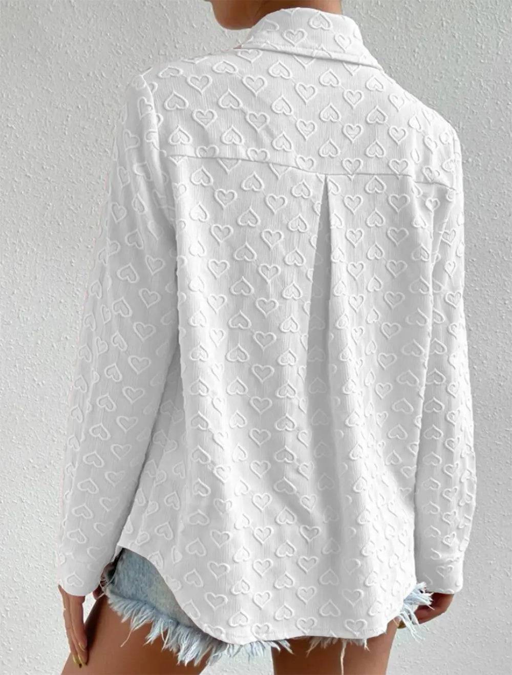 Versatile Heart Jacquard Long Sleeve Collared Shirt Cardigan    