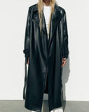 Women's Black Faux Leather Trench Coat with Belt for Fall    