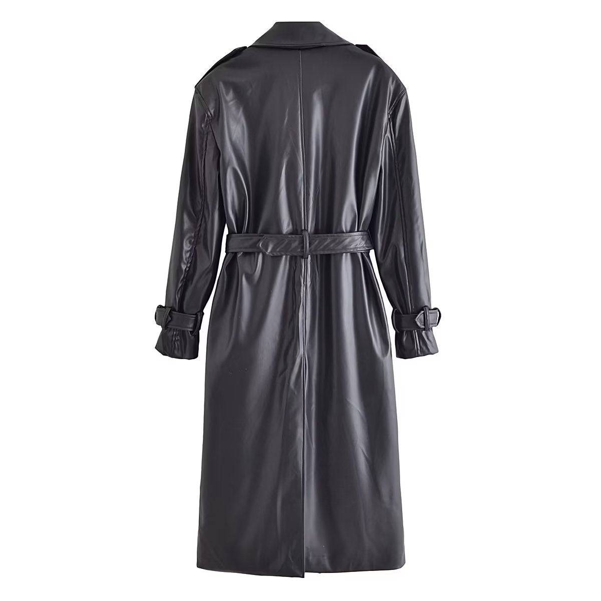 Women's Black Faux Leather Trench Coat with Belt for Fall    