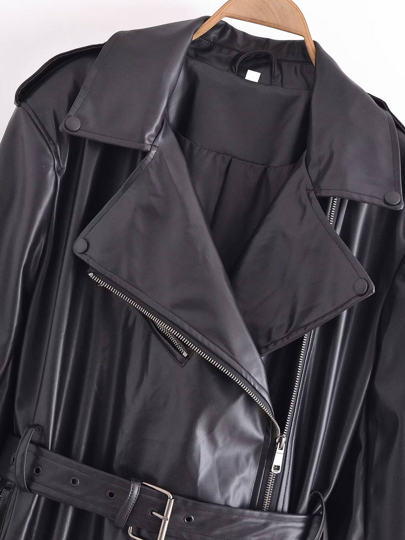 Women's Black Faux Leather Trench Coat with Belt for Fall    