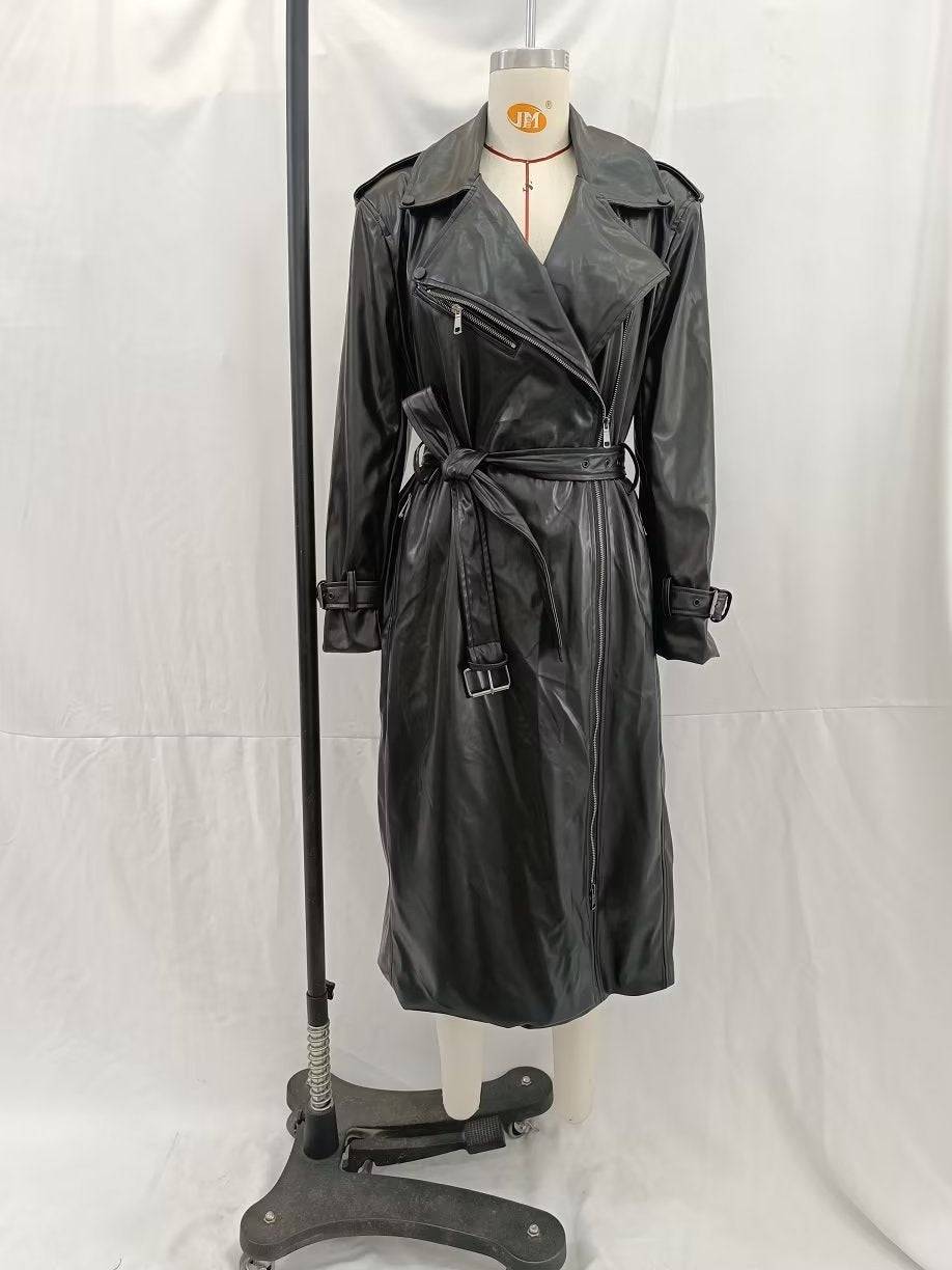 Women's Black Faux Leather Trench Coat with Belt for Fall    