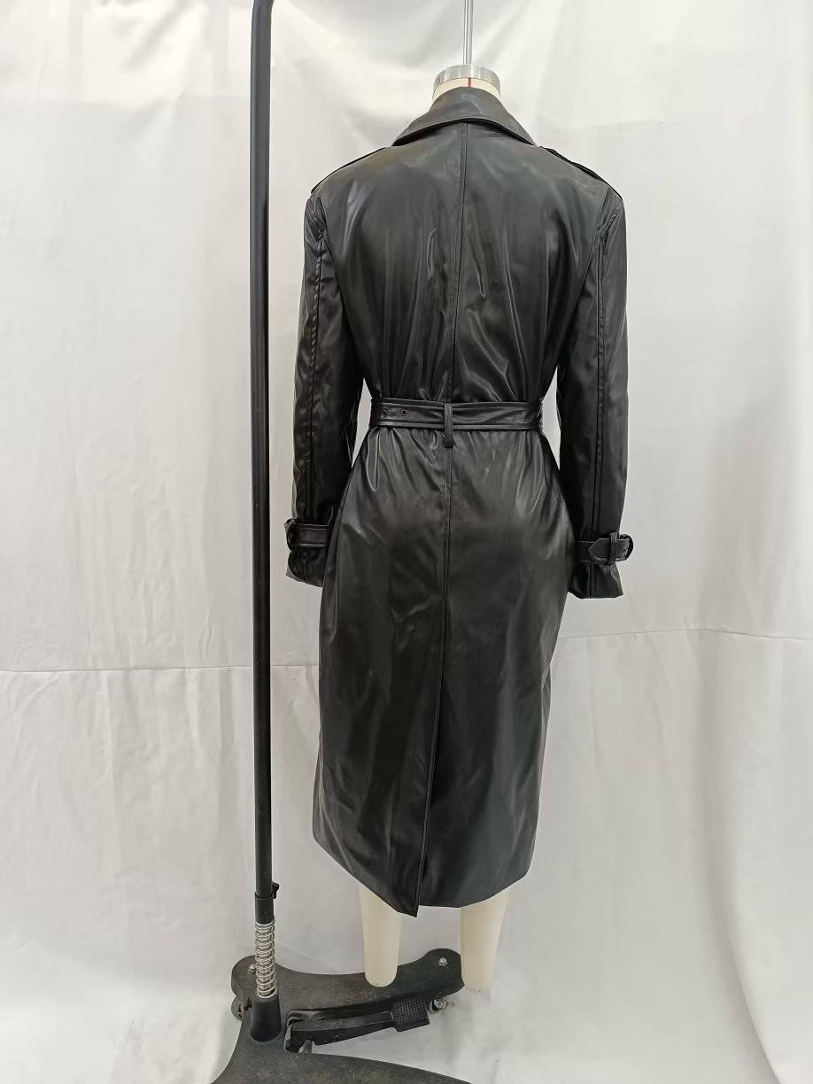 Women's Black Faux Leather Trench Coat with Belt for Fall    