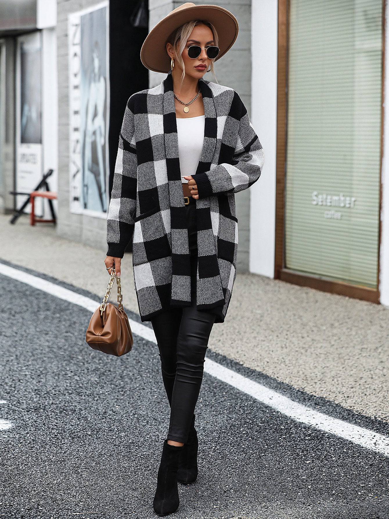 Loose Plaid Color Knitted Cardigan Sweater for Women    