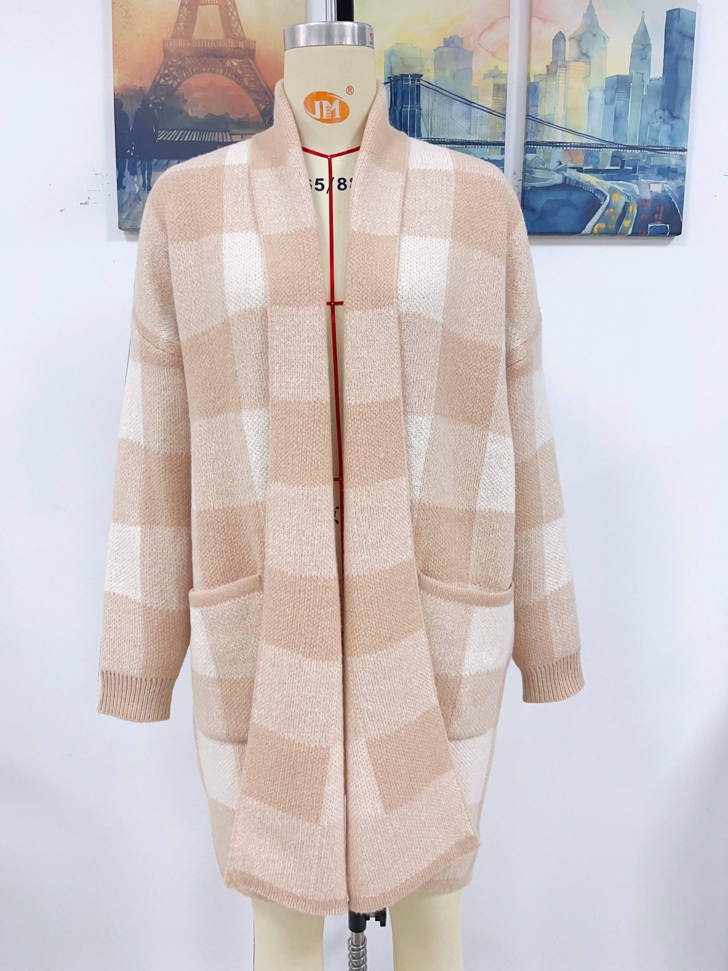 Loose Plaid Color Knitted Cardigan Sweater for Women    