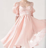 Graceful Organza A-Line Midi Dress with Puff Sleeves and V-Neck    