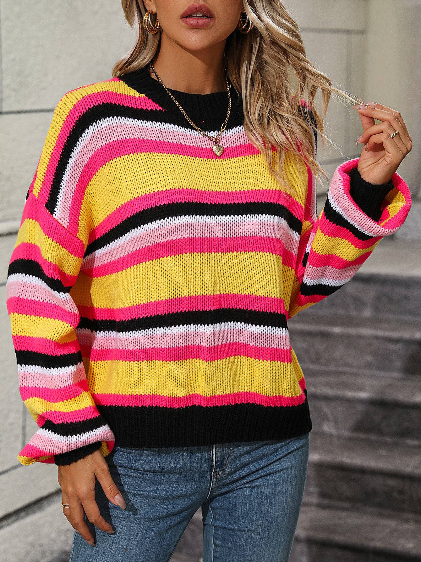 Winter Cozy Striped Knitwear - Loose Fit Round Neck Sweater for Women    