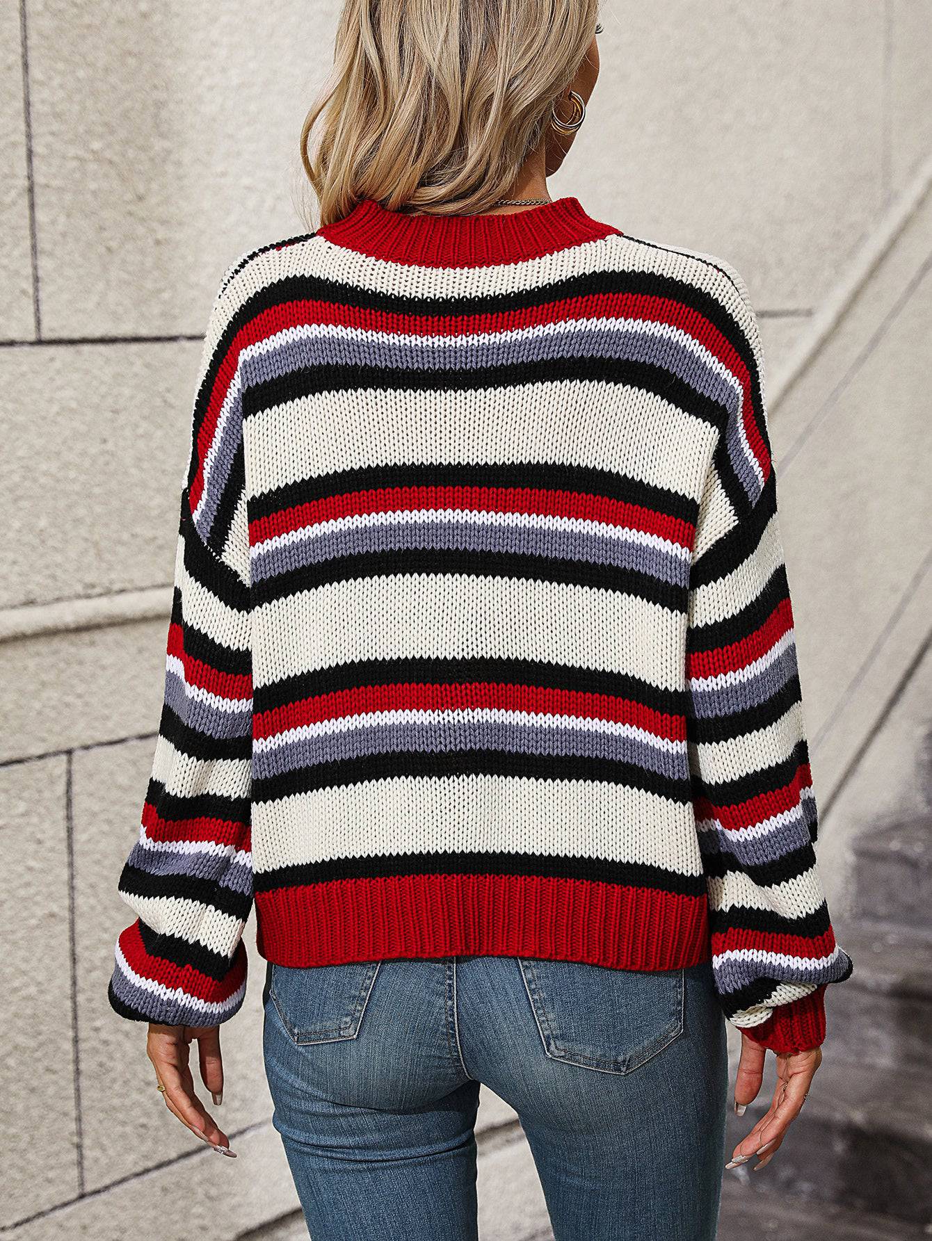 Winter Cozy Striped Knitwear - Loose Fit Round Neck Sweater for Women    