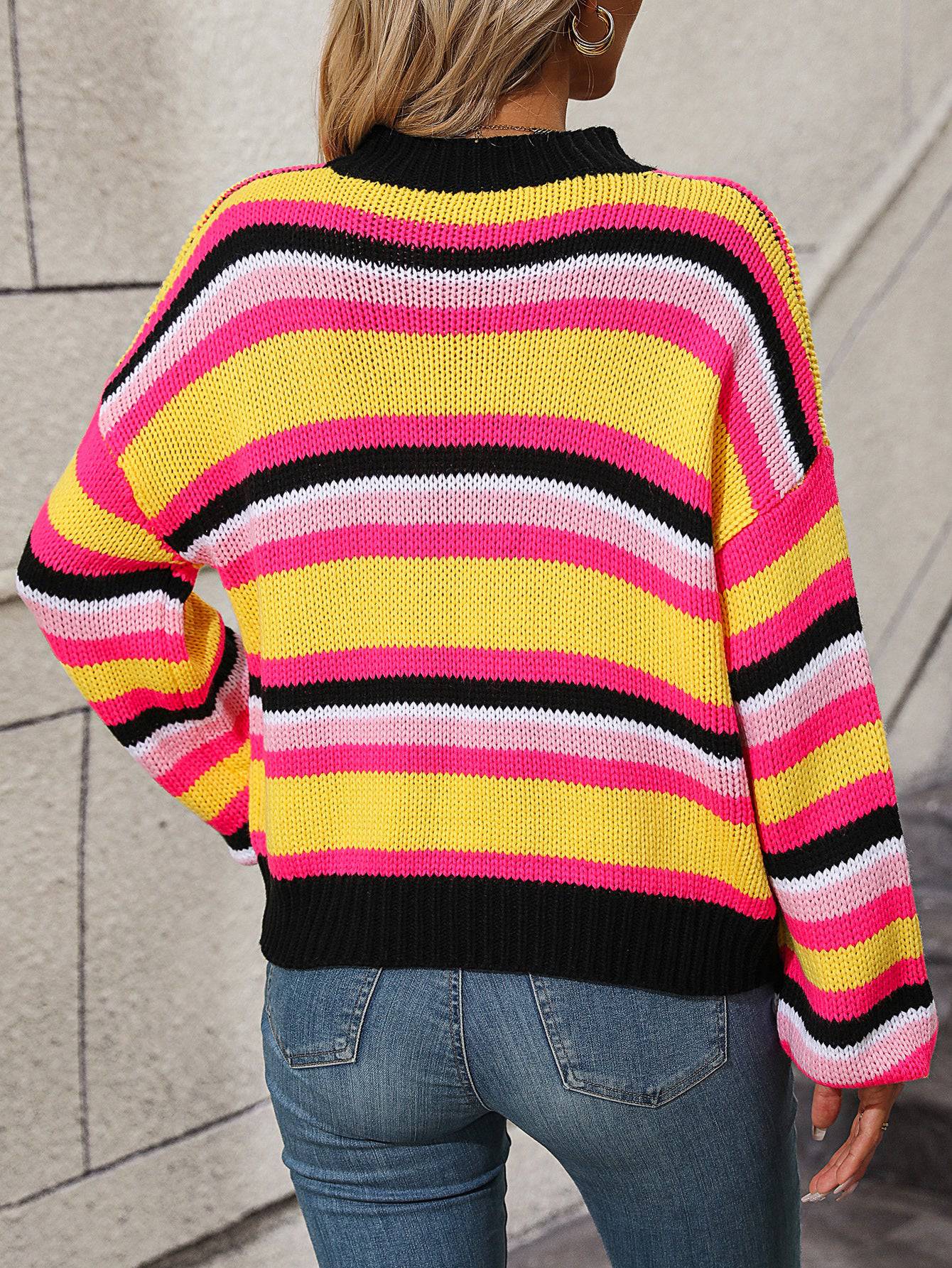 Winter Cozy Striped Knitwear - Loose Fit Round Neck Sweater for Women    