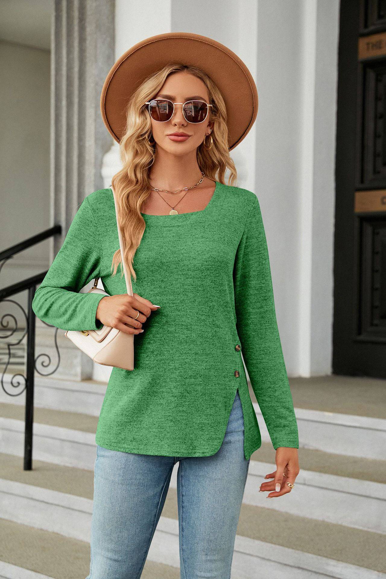 Elegant Square Collar Long Sleeve T-shirt for Women    