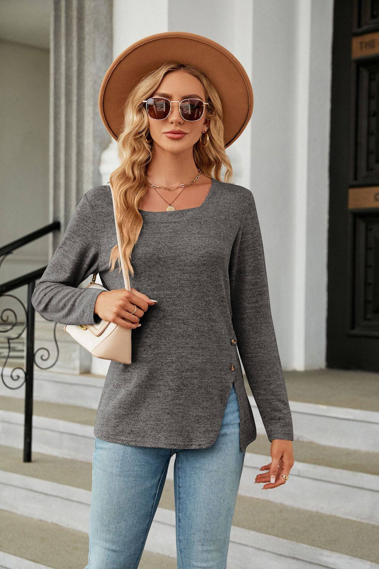 Elegant Square Collar Long Sleeve T-shirt for Women    