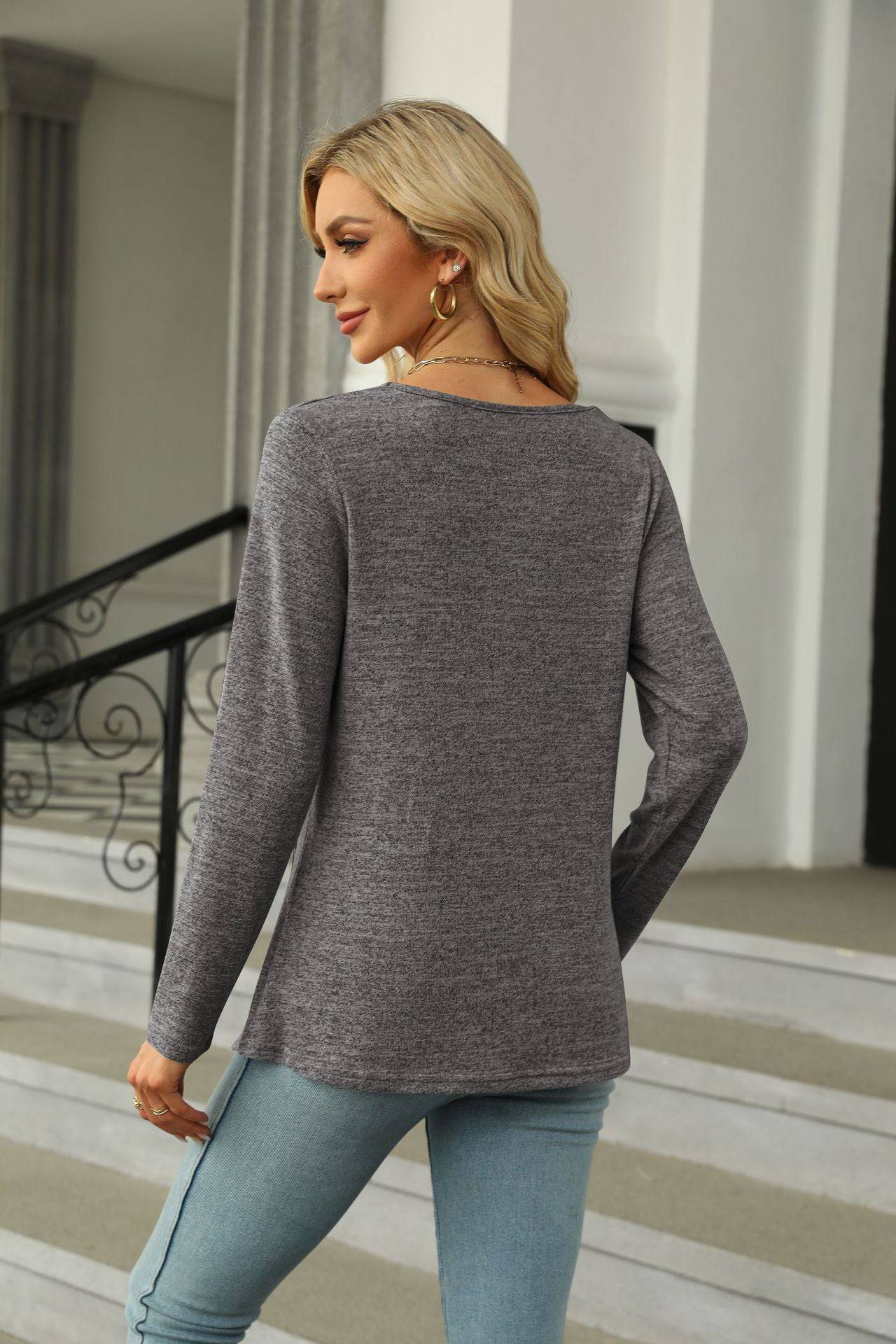 Elegant Square Collar Long Sleeve T-shirt for Women    