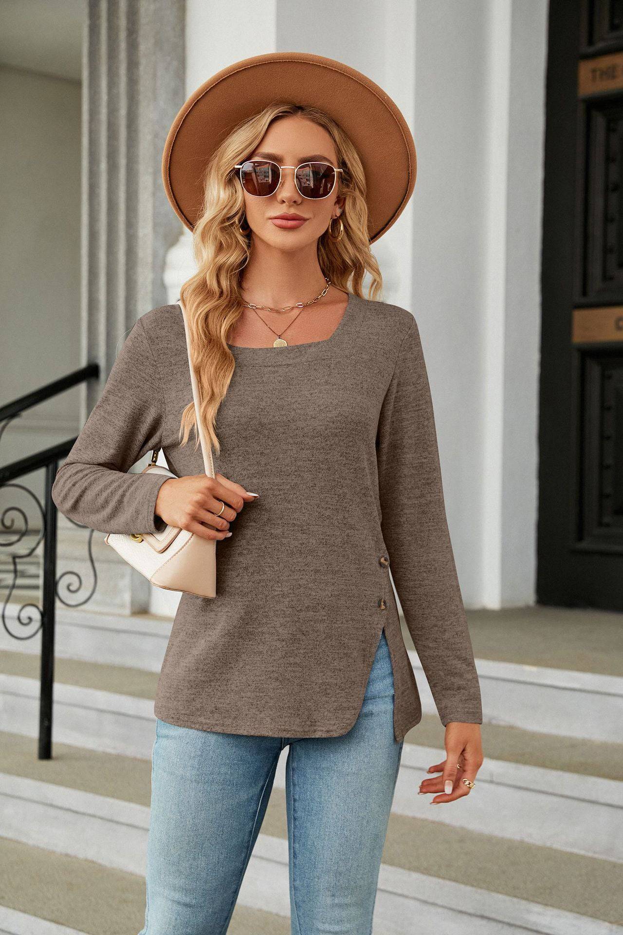 Elegant Square Collar Long Sleeve T-shirt for Women    