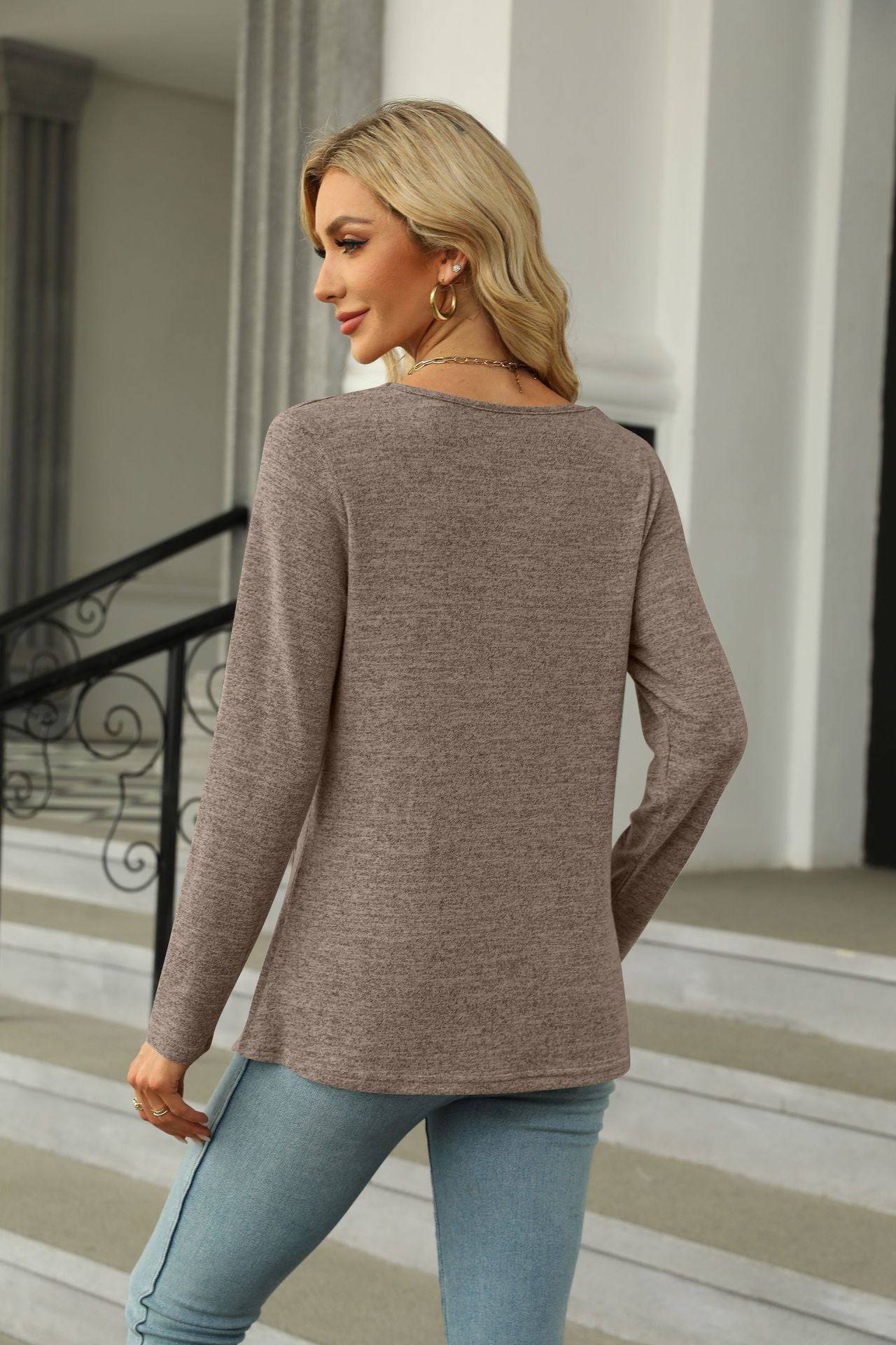 Elegant Square Collar Long Sleeve T-shirt for Women    