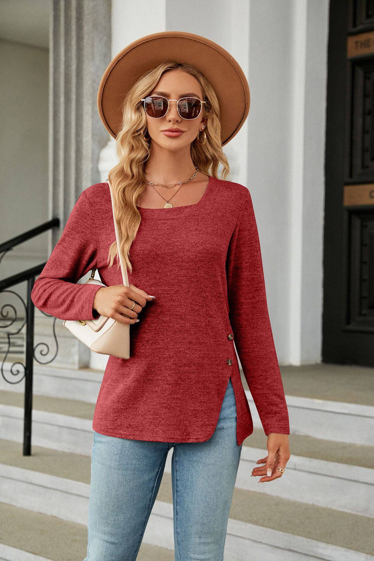 Elegant Square Collar Long Sleeve T-shirt for Women    