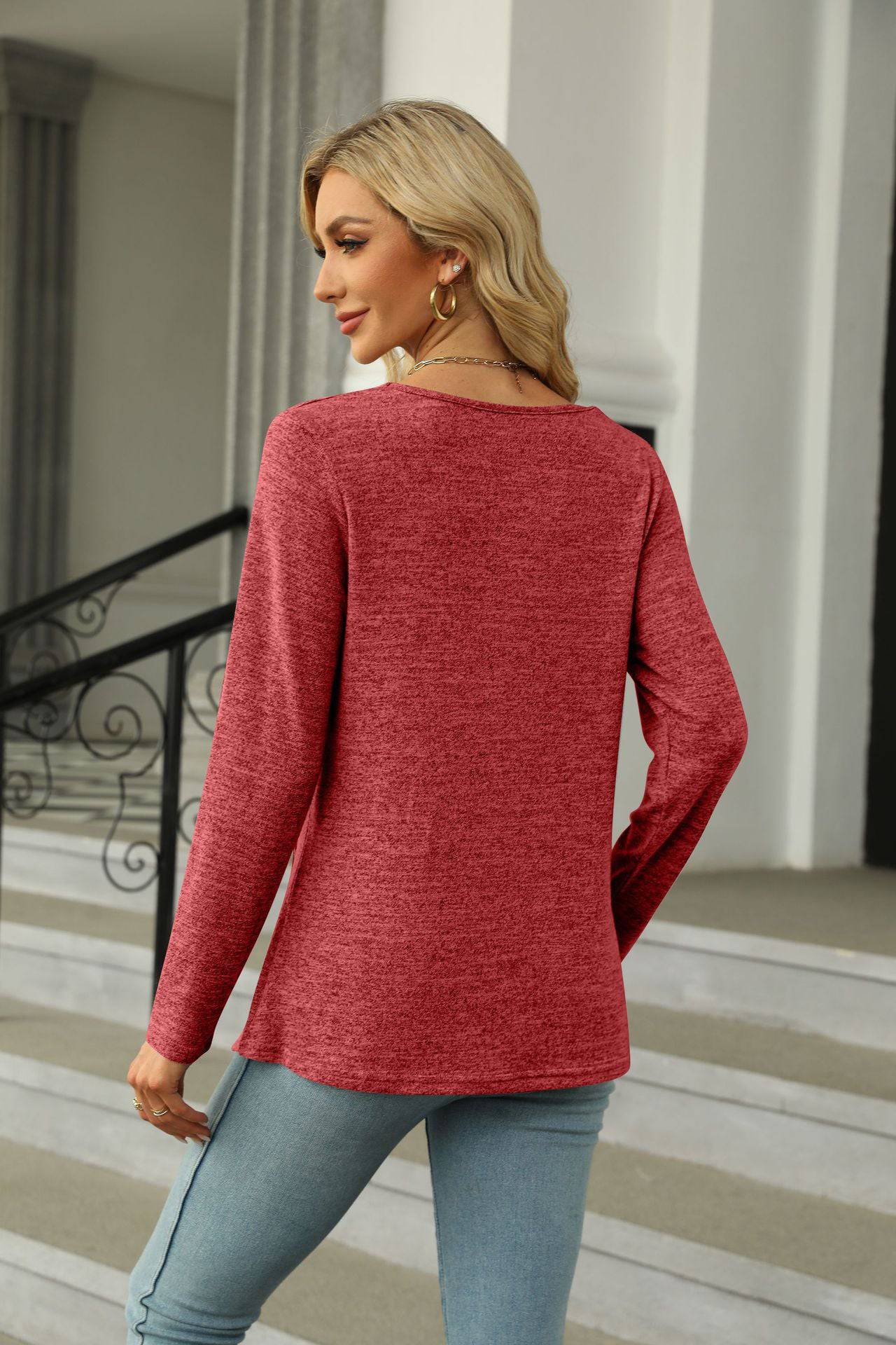 Elegant Square Collar Long Sleeve T-shirt for Women    