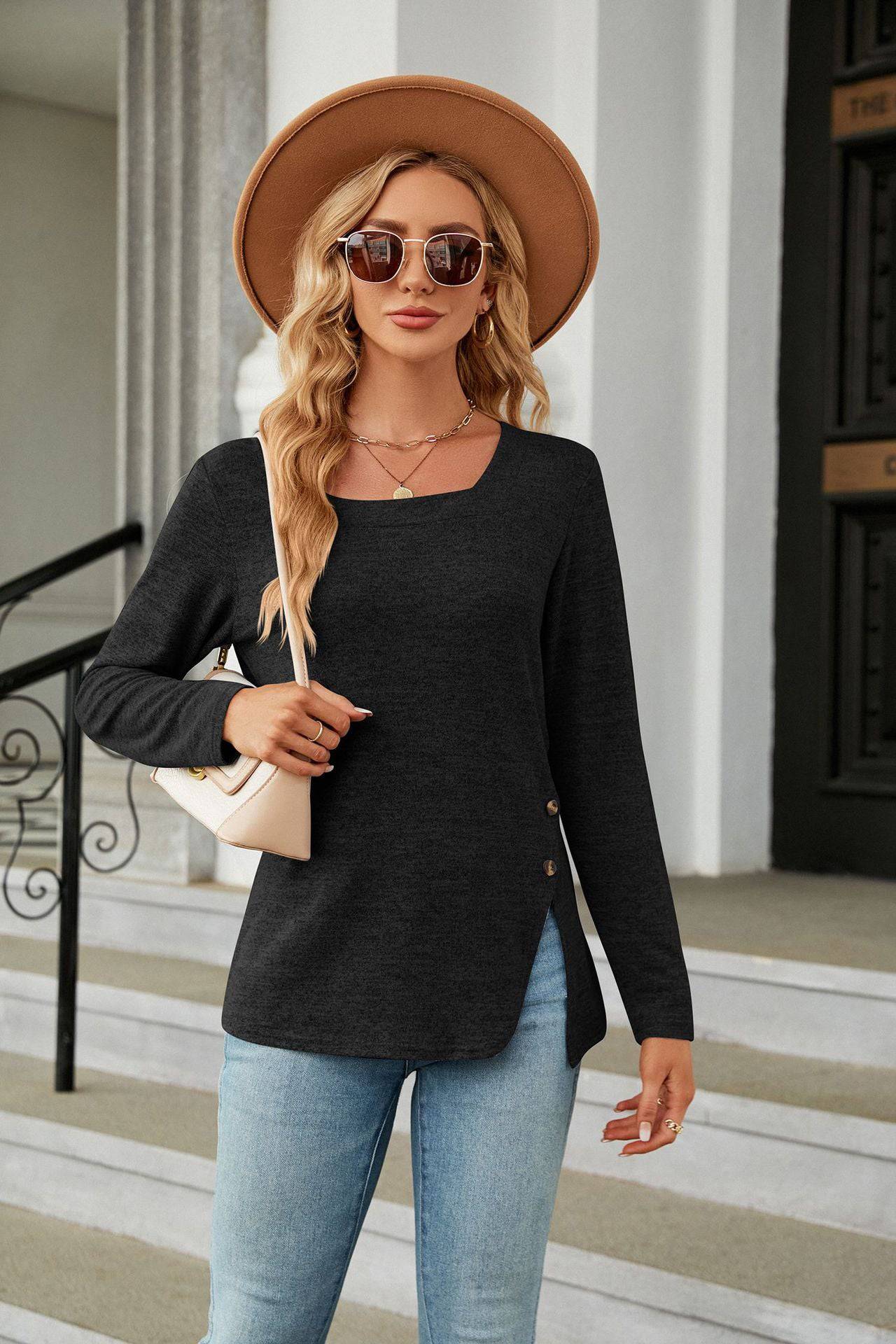 Elegant Square Collar Long Sleeve T-shirt for Women    