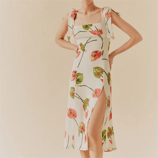 Floral Split Midi Dress with Elegant French Styling for Summer Vacations    