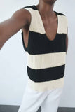 Stylish V-Neck Color Block Sleeveless Knit Vest    