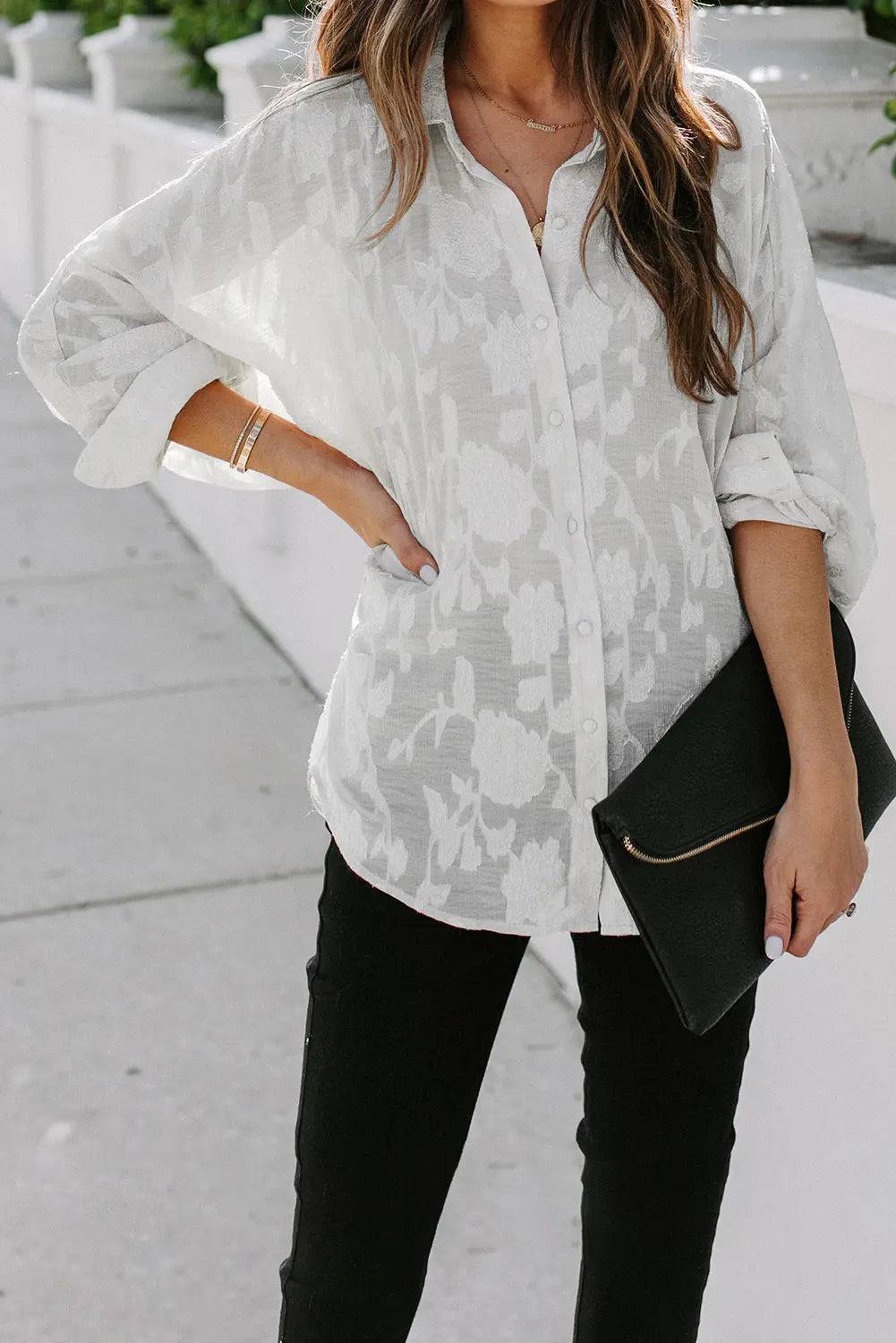 Women's Loose Fit Long Sleeve Button-Up Shirt in Solid Color    