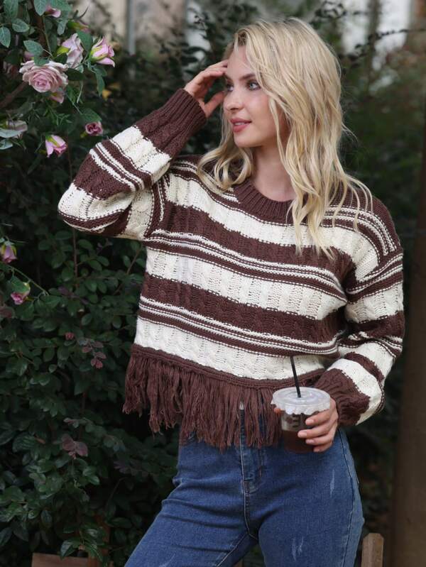 New Women's Patchwork Tassel Sweater for Autumn and Winter    