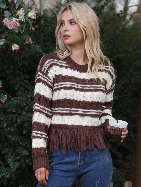 New Women's Patchwork Tassel Sweater for Autumn and Winter    