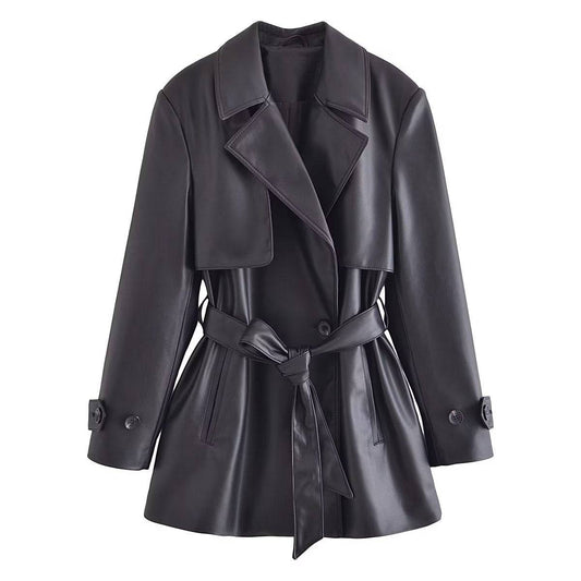 Retro Lapels Faux Leather Mid Length Trench Coat Women's Autumn Belt Lace-Up Coat    