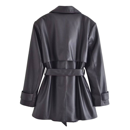 Retro Lapels Faux Leather Mid Length Trench Coat Women's Autumn Belt Lace-Up Coat    