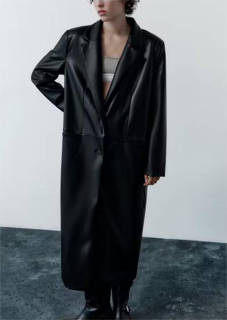 Sophisticated Long Faux Leather Trench Coat for Stylish Women    