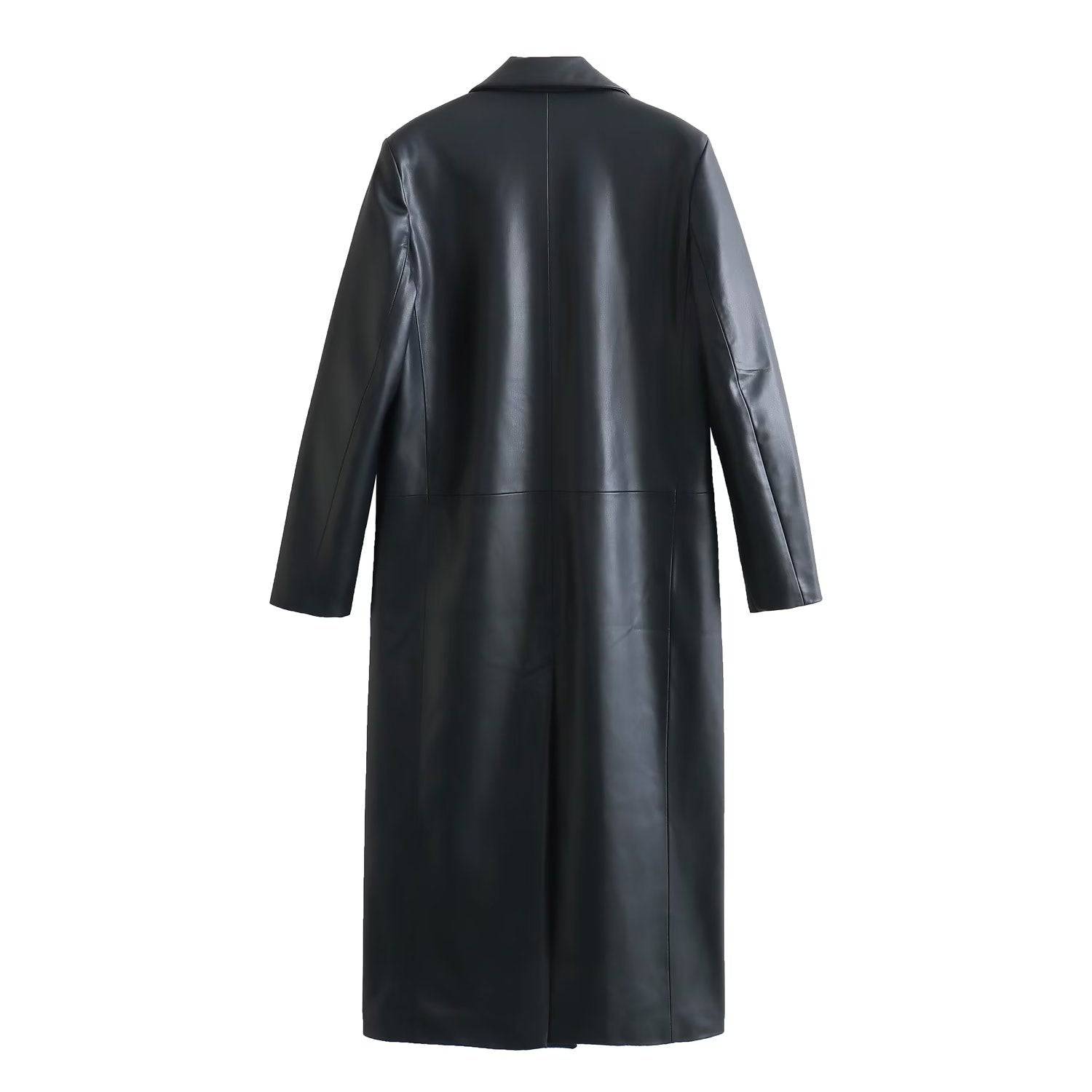 Sophisticated Long Faux Leather Trench Coat for Stylish Women    