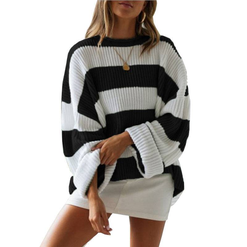 Striped Color Matching Loose Fit Sweater for Autumn/Winter    