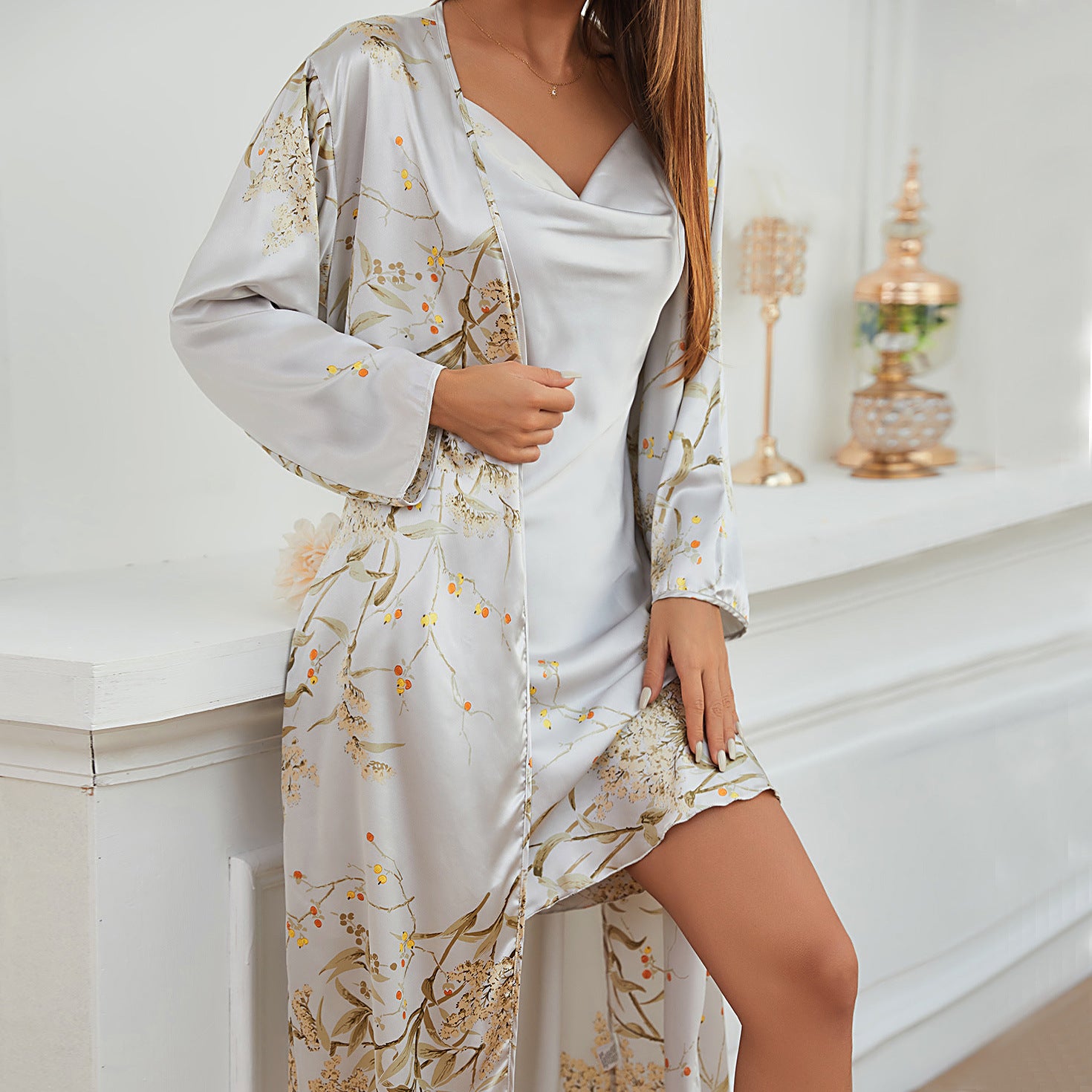 Elegant Lace-Up Satin Nightgown and Pajamas Suit    