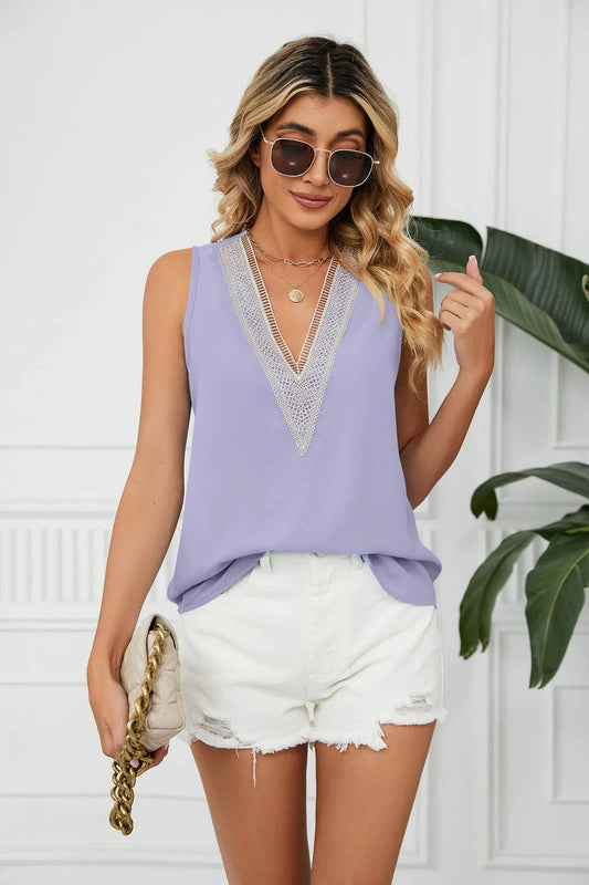 Sleeveless V-Neck Chiffon Tank Top with a Relaxed Fit    