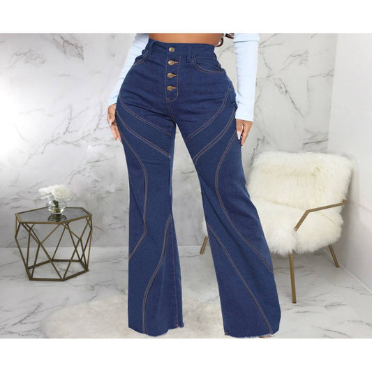 Slim Fit High Rise Denim Bell Bottom Pants with Trendy Stitching    