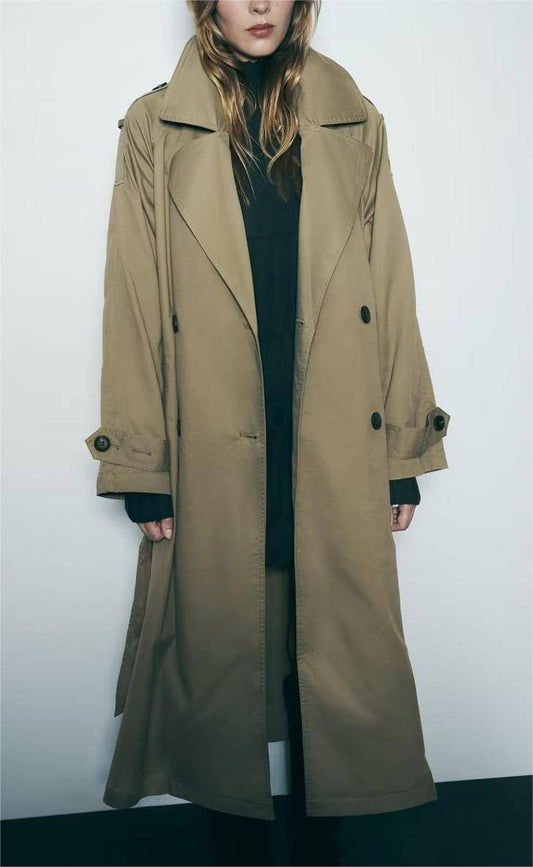 French Belted Double Breasted Trench Coat for Women with Collar    