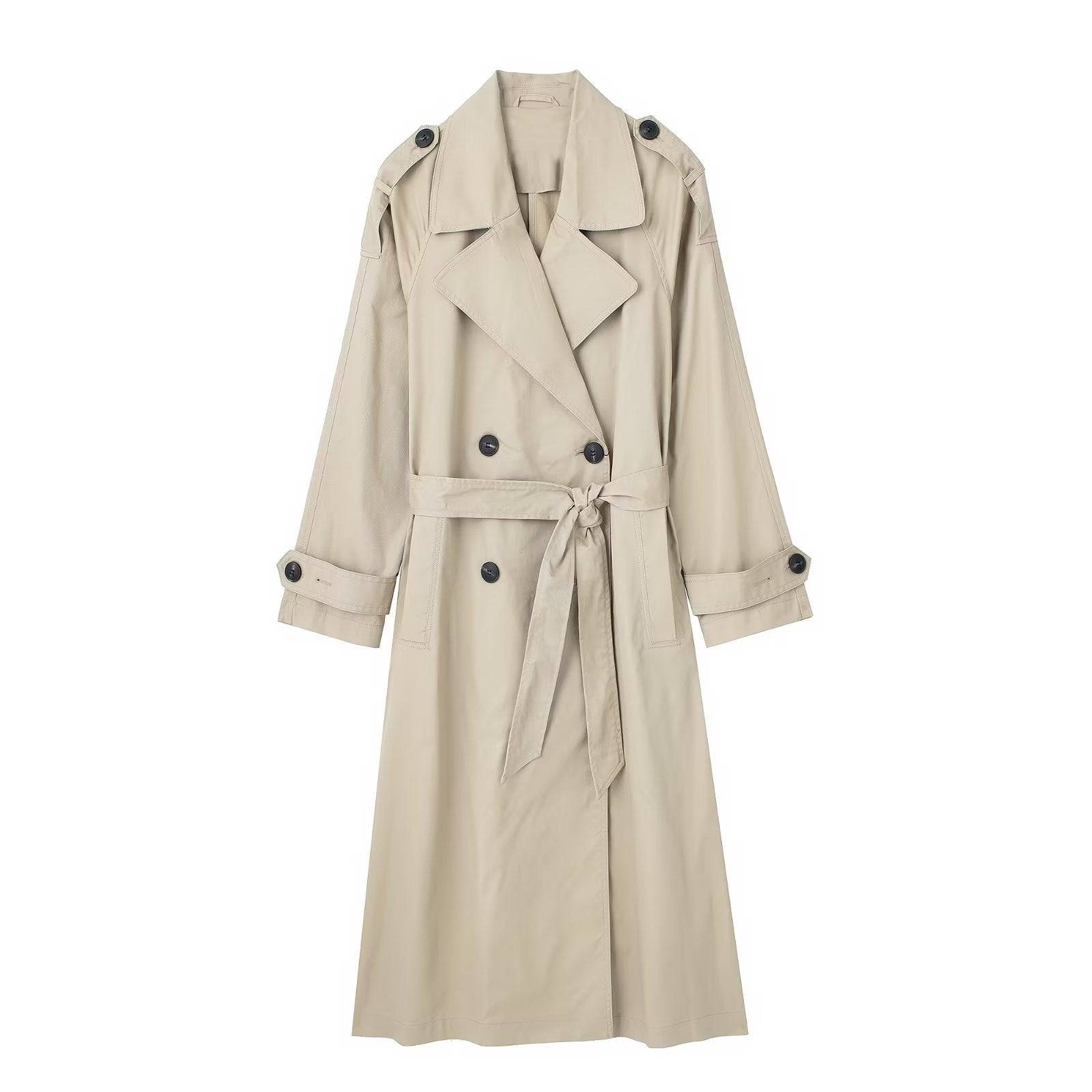 French Belted Double Breasted Trench Coat for Women with Collar    